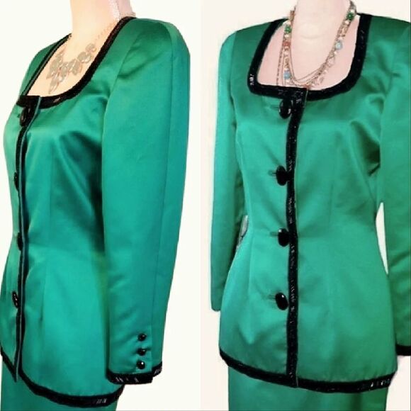 VTG 90s Della Roufogali Green Satin Black Embellished Designer Blazer Size 6 - Picture 3 of 11